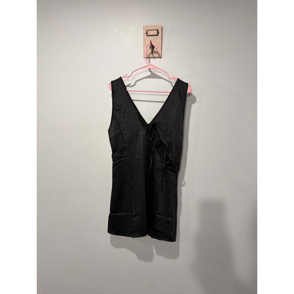 Nasty Gal Black Satin Side Lace Up V Neck Mini Dress Sleeveless US 8 NEW